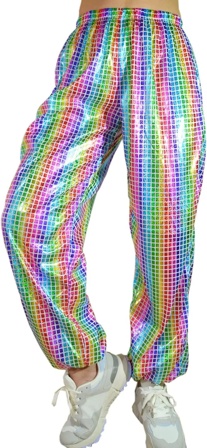 Aelidiya Night Club Metallic Hologram Shiny Pants Party Trousers Sports Active Pants