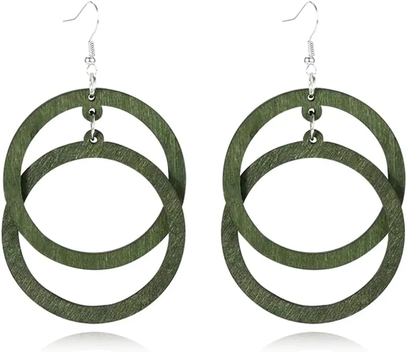 Bohemian Unique Handmade Wooden Hoop Splicing Earrings Retro Statement Colorful Contrast Wood Geometric Lightweight Dangle Drop Earrings for Women