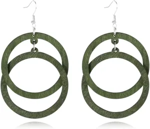 Bohemian Unique Handmade Wooden Hoop Splicing Earrings Retro Statement Colorful Contrast Wood Geometric Lightweight Dangle Drop Earrings for Women