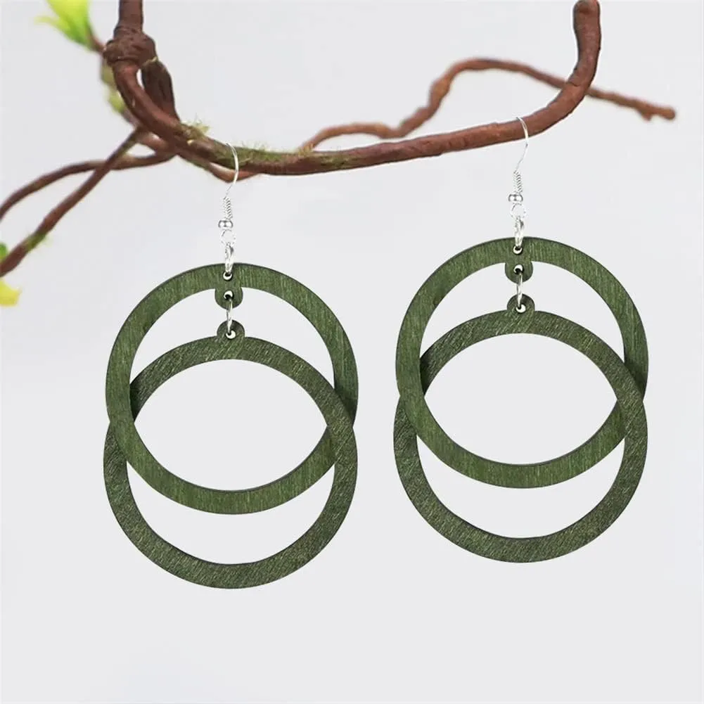 Bohemian Unique Handmade Wooden Hoop Splicing Earrings Retro Statement Colorful Contrast Wood Geometric Lightweight Dangle Drop Earrings for Women