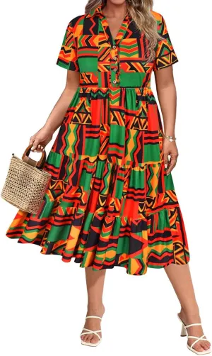 CARCOS Plus Size Dresses for Curvy Women Collared Vneck Short Sleeve Dresses Midi Summer Ruffle Dress with Pocket XL-5XL