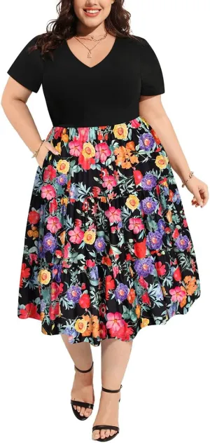 CARCOS Plus Size Dresses for Women Summer Short Sleeve V Neck Patchwork Dresseses XL-5XL