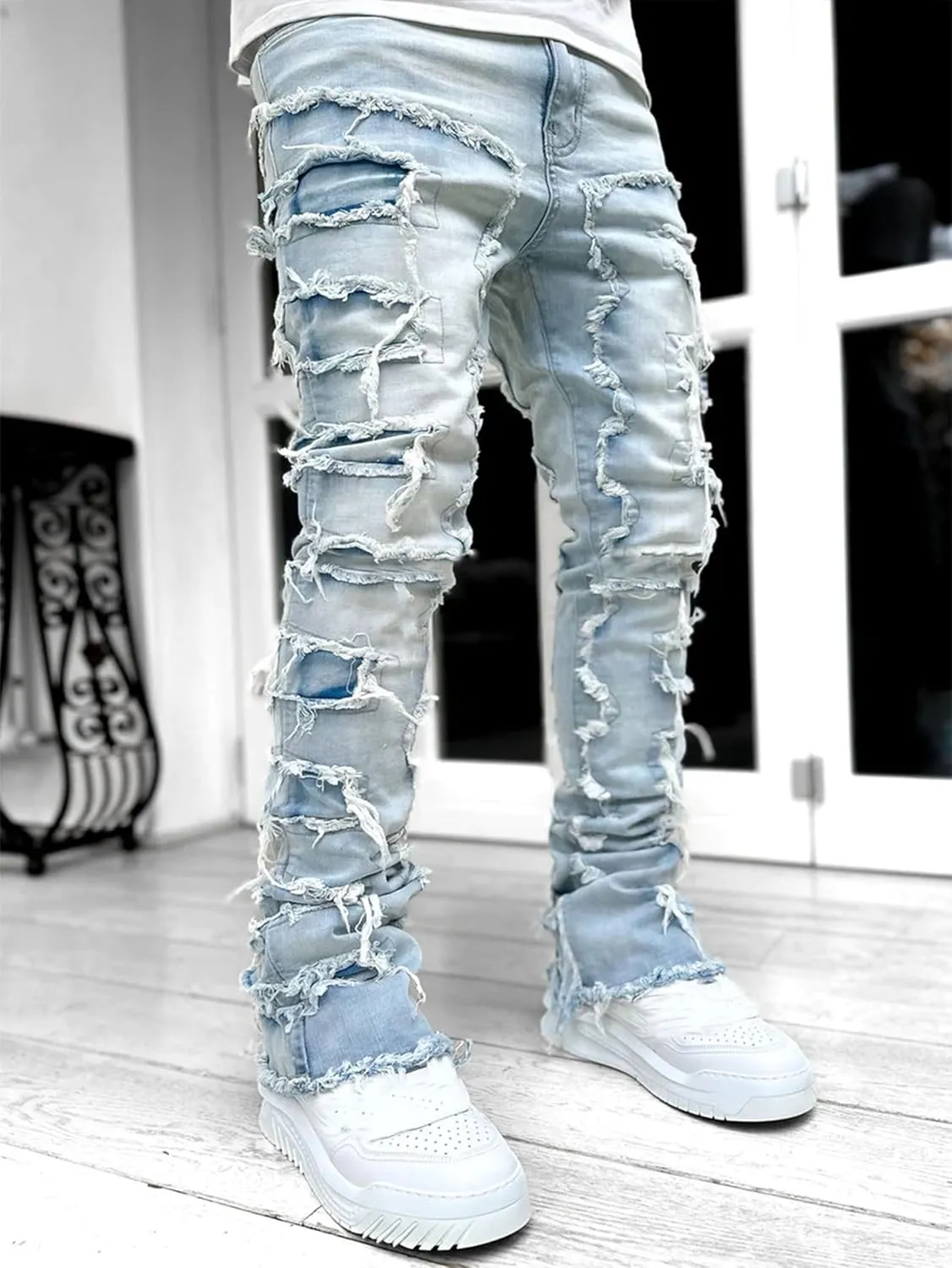 COOLMONAR Men's Ripped Distressed Destroyed Slim Fit Straight Leg Denim Jeans