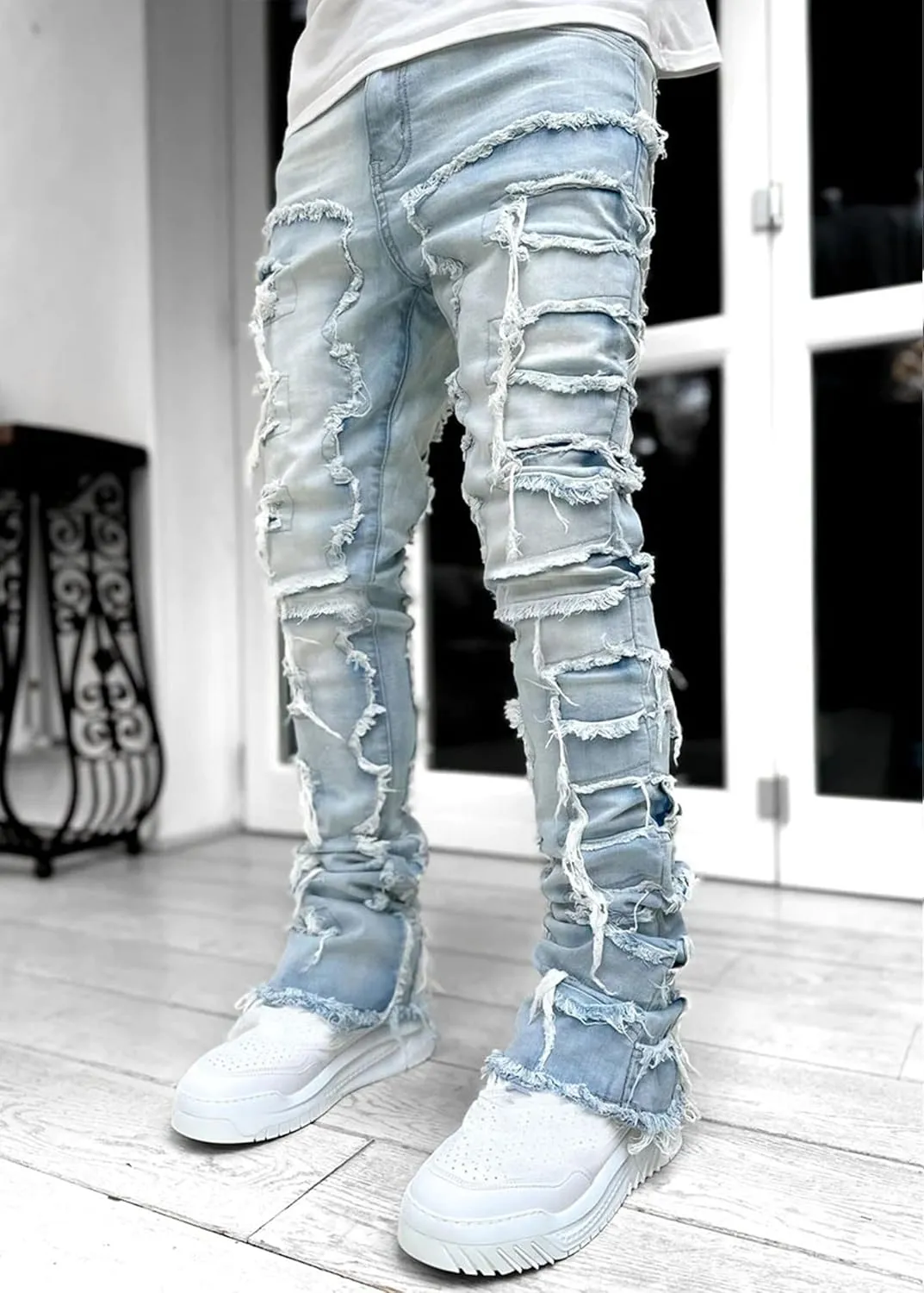 COOLMONAR Men's Ripped Distressed Destroyed Slim Fit Straight Leg Denim Jeans