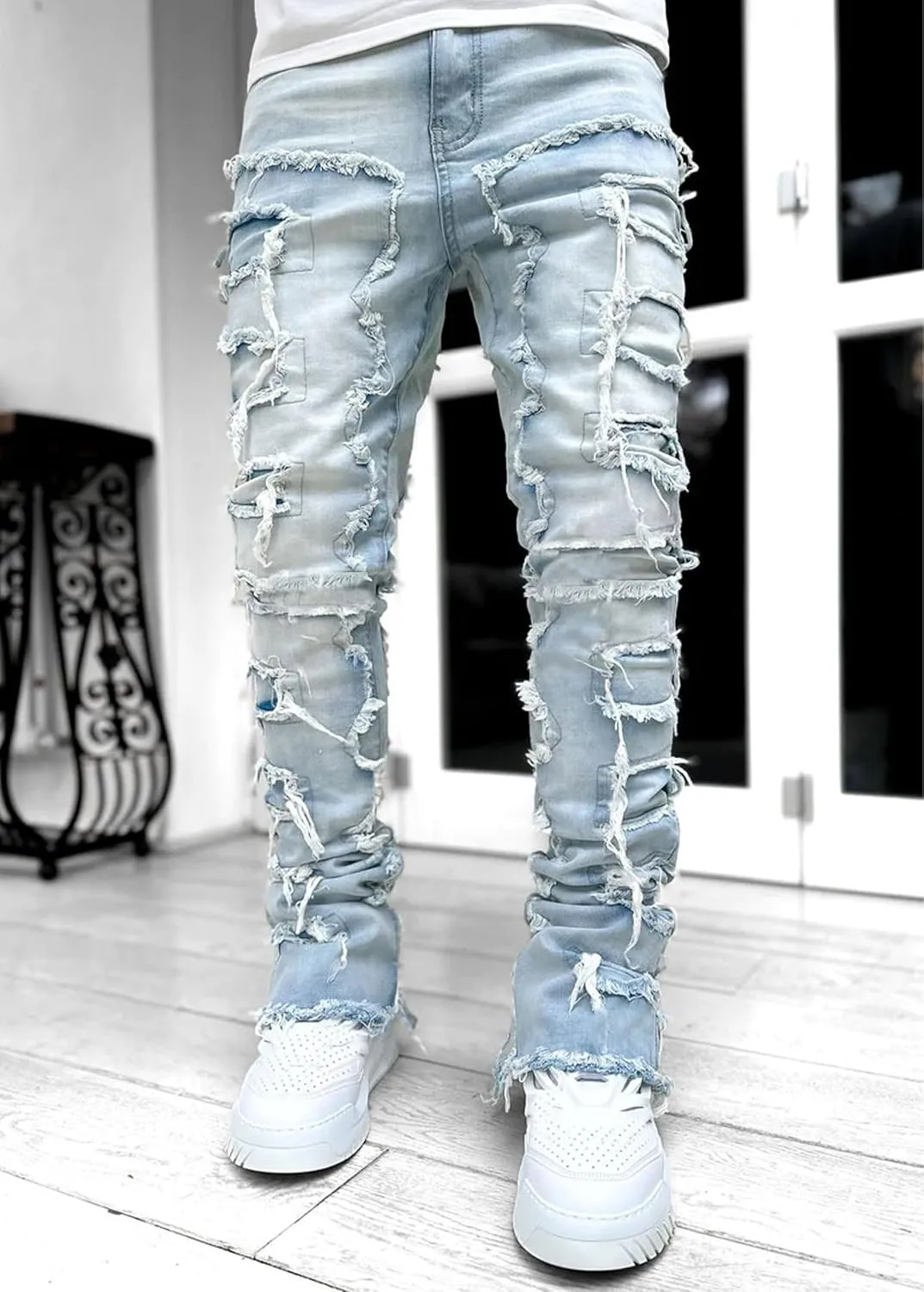 COOLMONAR Men's Ripped Distressed Destroyed Slim Fit Straight Leg Denim Jeans