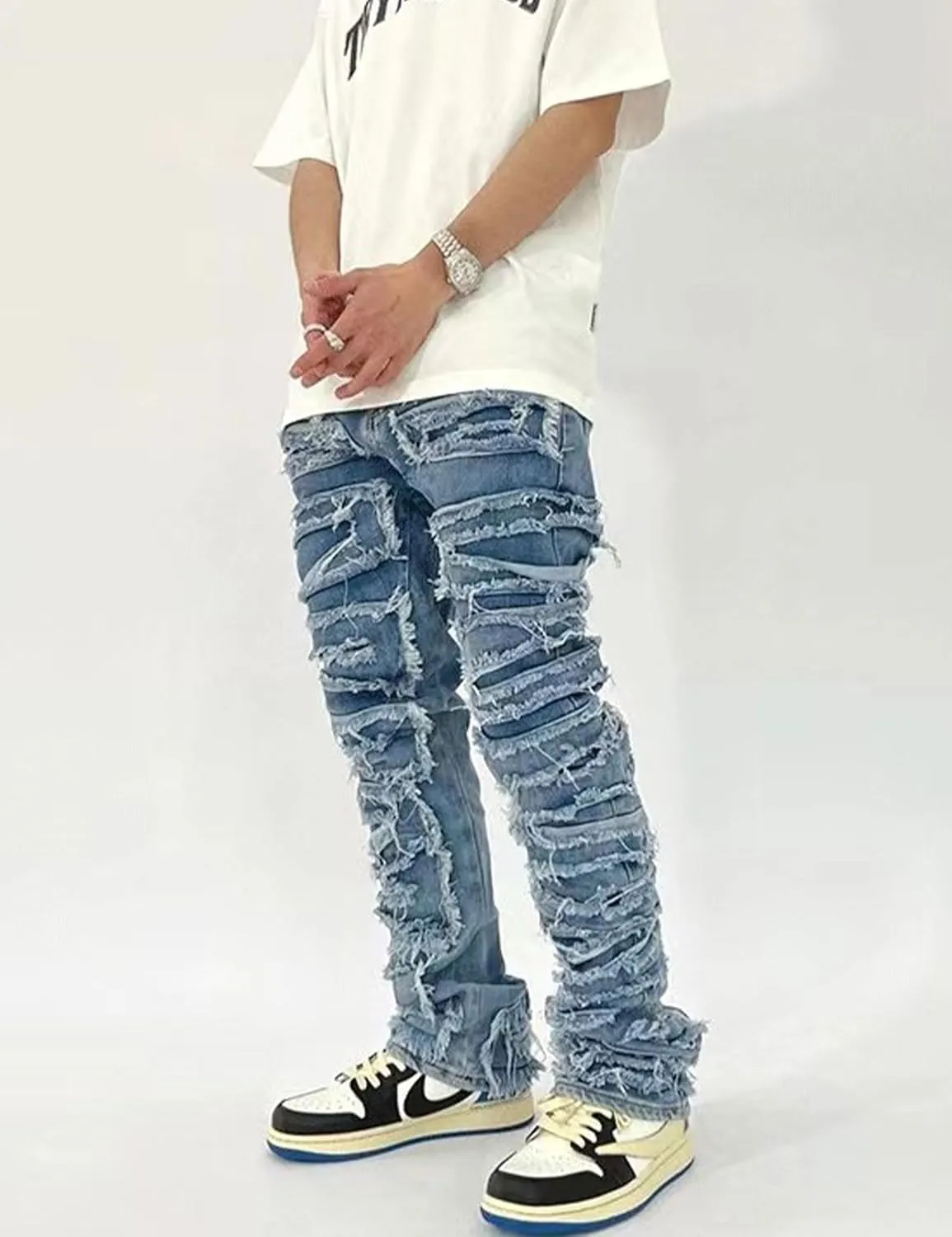 COOLMONAR Men's Ripped Distressed Destroyed Slim Fit Straight Leg Denim Jeans