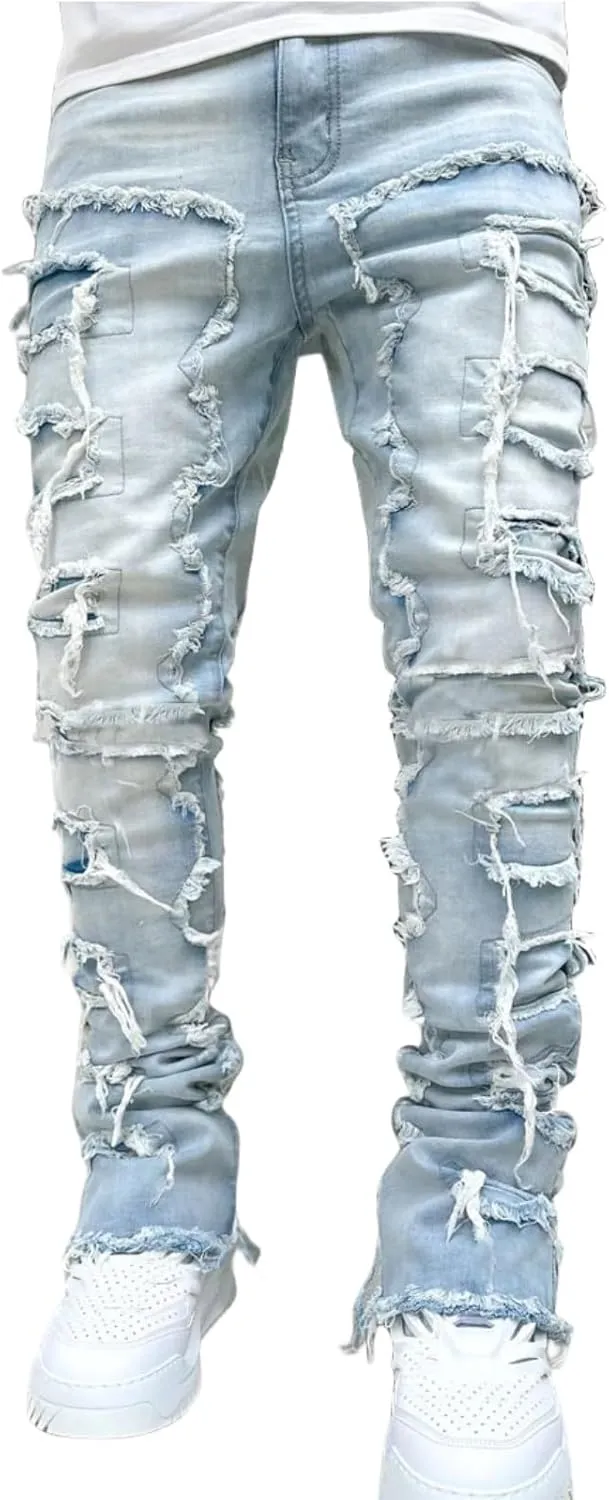 COOLMONAR Men's Ripped Distressed Destroyed Slim Fit Straight Leg Denim Jeans