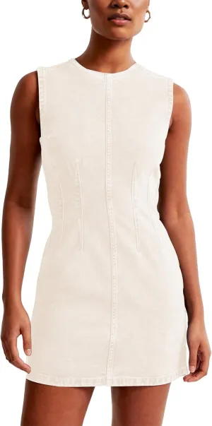 Daacee Womens Sleeveless Bodycon Denim Mini Dress Casual Waist Tucks Zipper Tank Jean Dresses