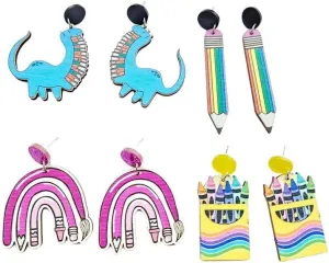 Fun Teacher Earrings Bulk for Women, 4 Pairs Funny Wood Rainbow Pencil Dinosaur Book Dangle Drop Lightweight Wooden Earings Back to School Teachers Appreciation Jewelry Gifts