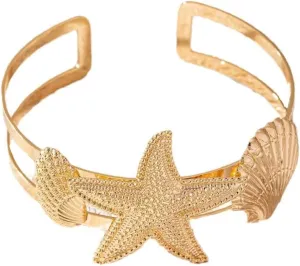 Gold Plated Starfish Shell Arm Cuff - Elegant Adjustable Upper Arm Bracelet - Ocean Armband for Women - Summer Beach Jewelry
