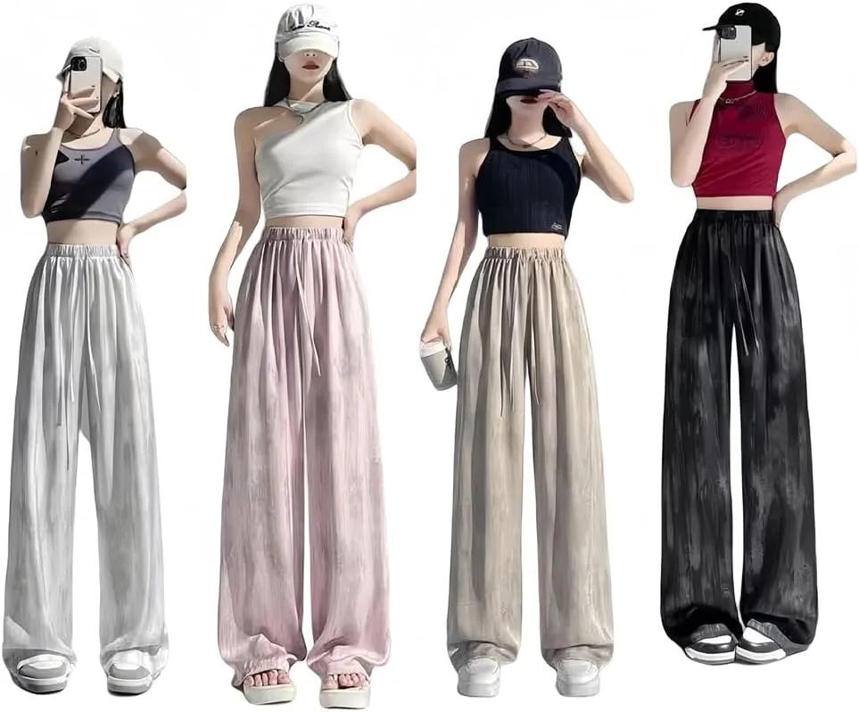 High Waist Loose Ice Silk Wide Leg Lounge Pants Woman Satin tie Dyed Straight Flowy Beach Trousers Elastic Waist Yoga