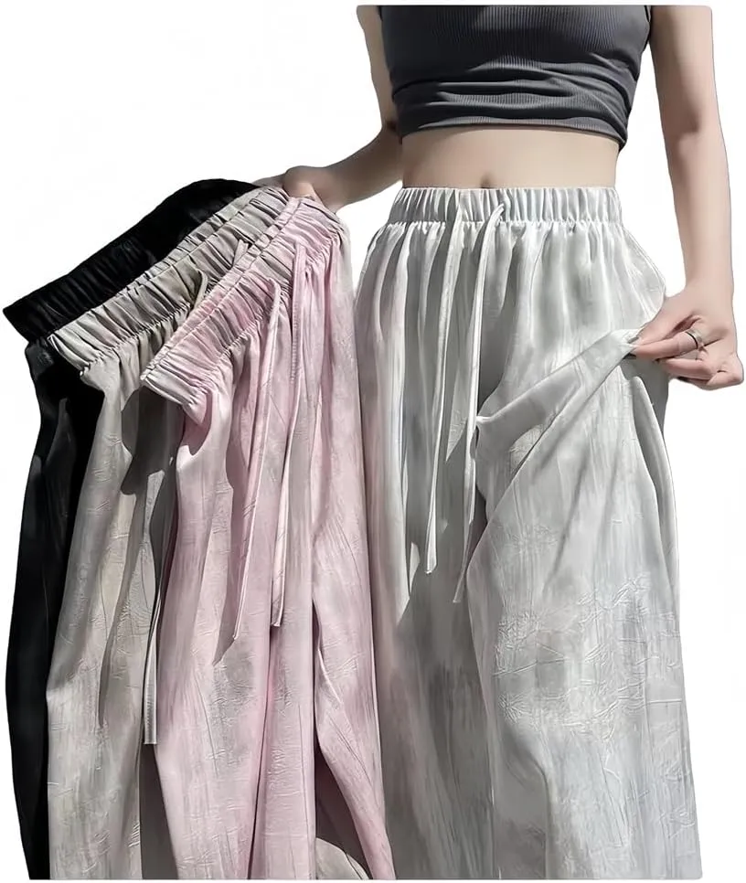 High Waist Loose Ice Silk Wide Leg Lounge Pants Woman Satin tie Dyed Straight Flowy Beach Trousers Elastic Waist Yoga