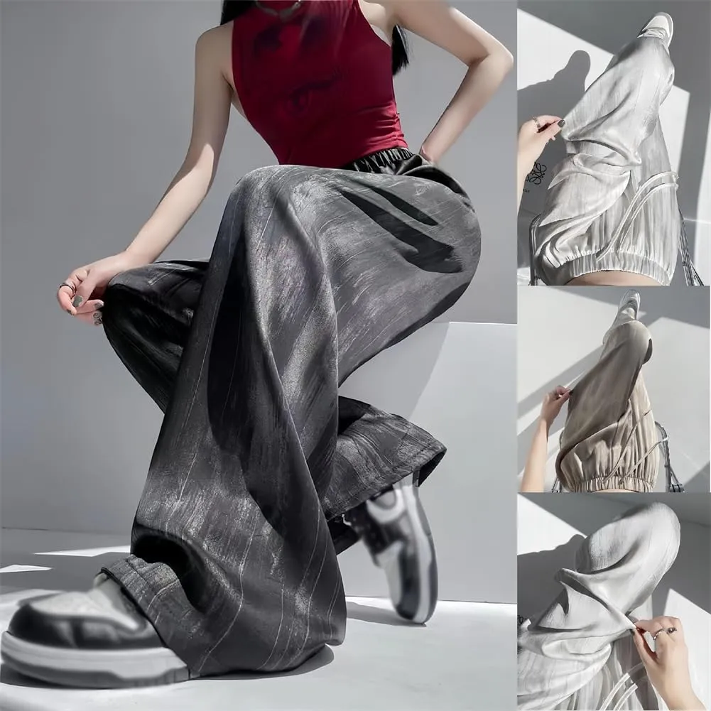 High Waist Loose Ice Silk Wide Leg Lounge Pants Woman Satin tie Dyed Straight Flowy Beach Trousers Elastic Waist Yoga