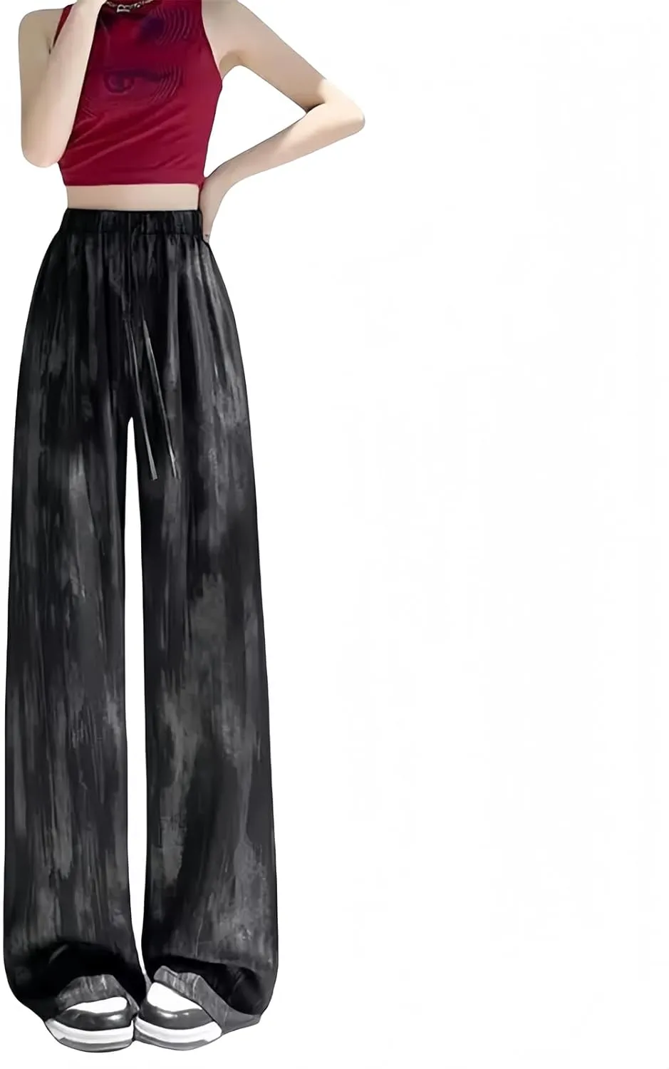 High Waist Loose Ice Silk Wide Leg Lounge Pants Woman Satin tie Dyed Straight Flowy Beach Trousers Elastic Waist Yoga