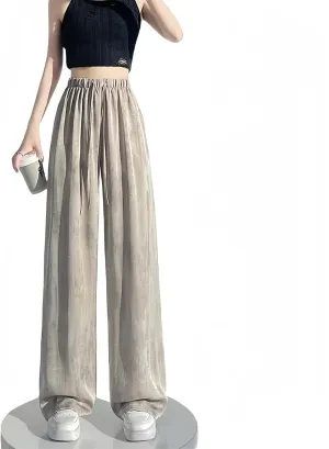 High Waist Loose Ice Silk Wide Leg Lounge Pants Woman Satin tie Dyed Straight Flowy Beach Trousers Elastic Waist Yoga