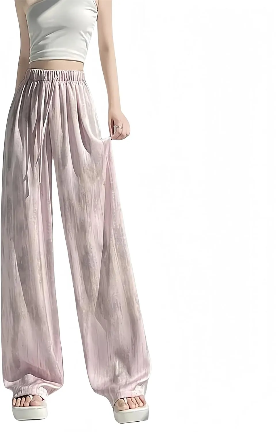 High Waist Loose Ice Silk Wide Leg Lounge Pants Woman Satin tie Dyed Straight Flowy Beach Trousers Elastic Waist Yoga