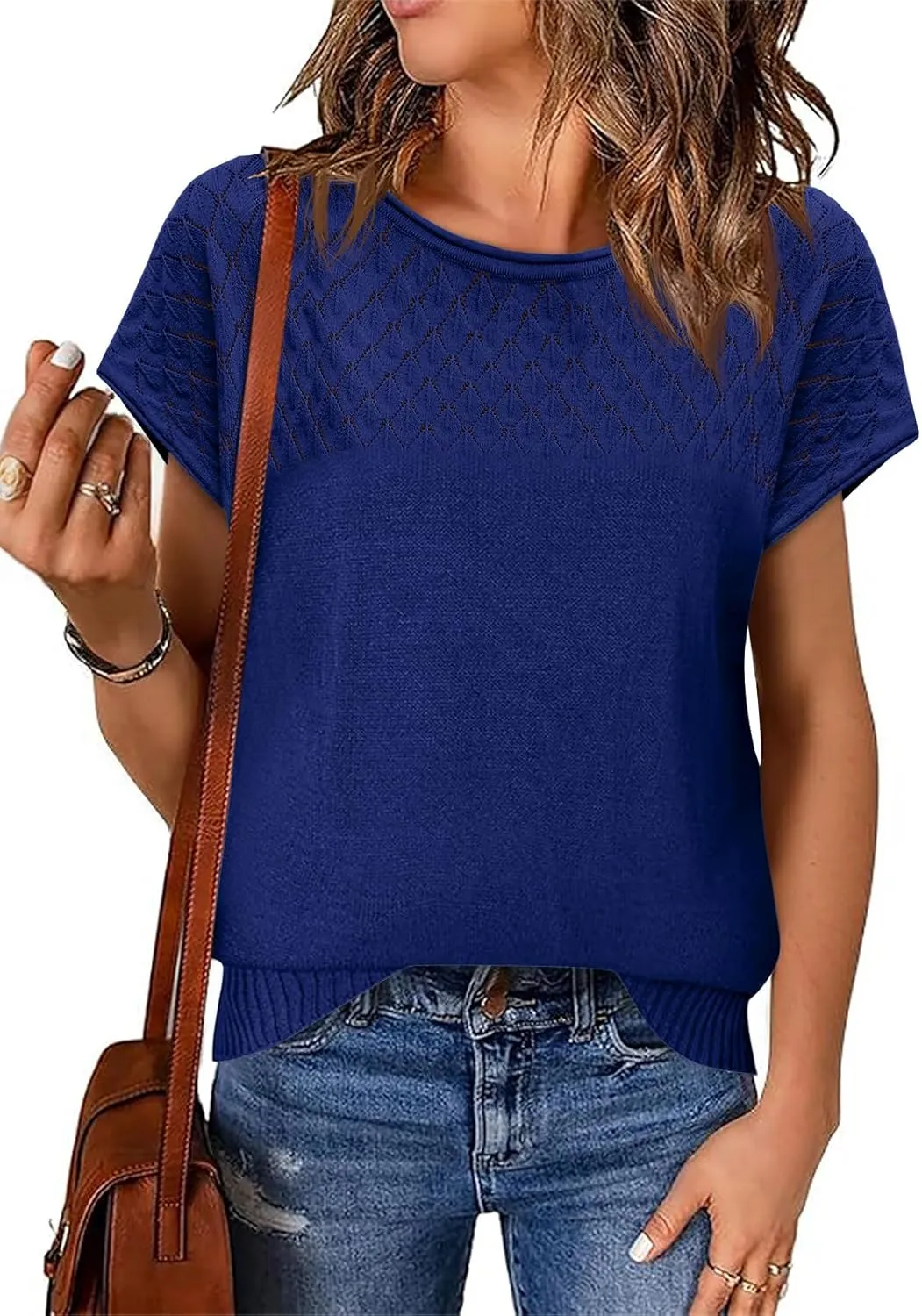 Imily Bela Womens Short Sleeve Sweaters Casual Crewneck Crochet Knit Summer Loose Trendy Pullover Tops