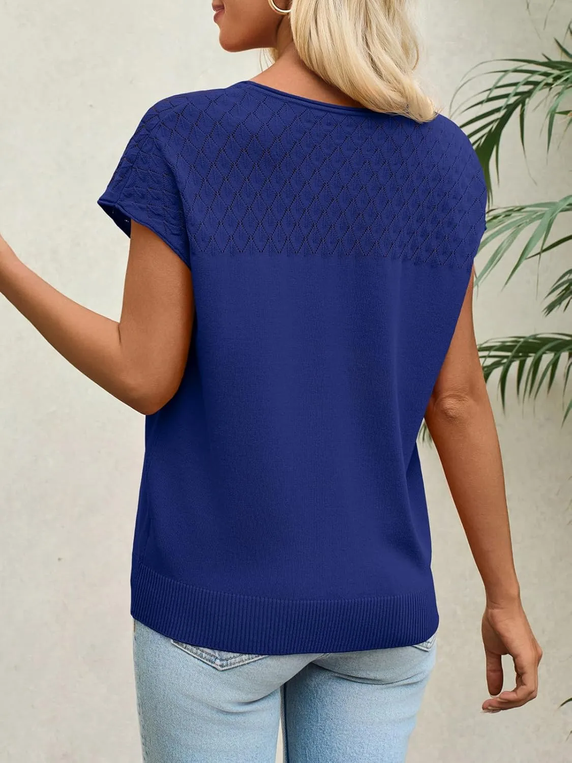 Imily Bela Womens Short Sleeve Sweaters Casual Crewneck Crochet Knit Summer Loose Trendy Pullover Tops