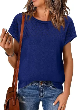 Imily Bela Womens Short Sleeve Sweaters Casual Crewneck Crochet Knit Summer Loose Trendy Pullover Tops