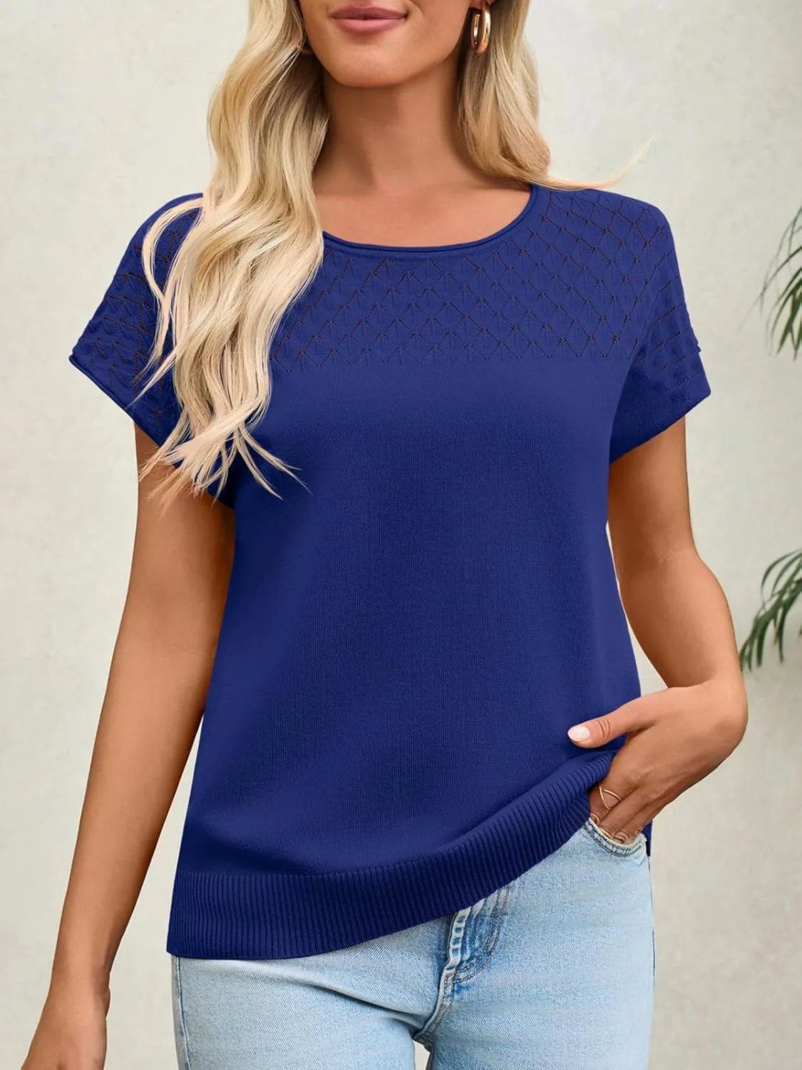Imily Bela Womens Short Sleeve Sweaters Casual Crewneck Crochet Knit Summer Loose Trendy Pullover Tops