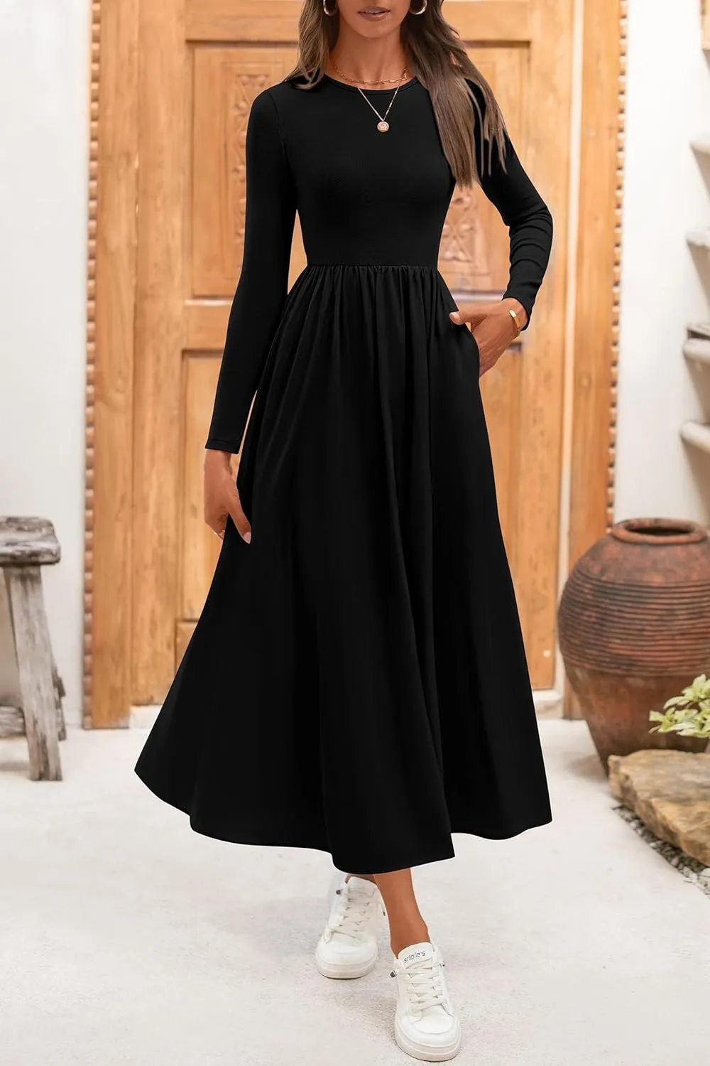 KIRUNDO Women's Casual Long Sleeve Spring Wedding Guest Dress 2025 Summer Fall Elegant Boho Flowy Midi Dresses Pockets
