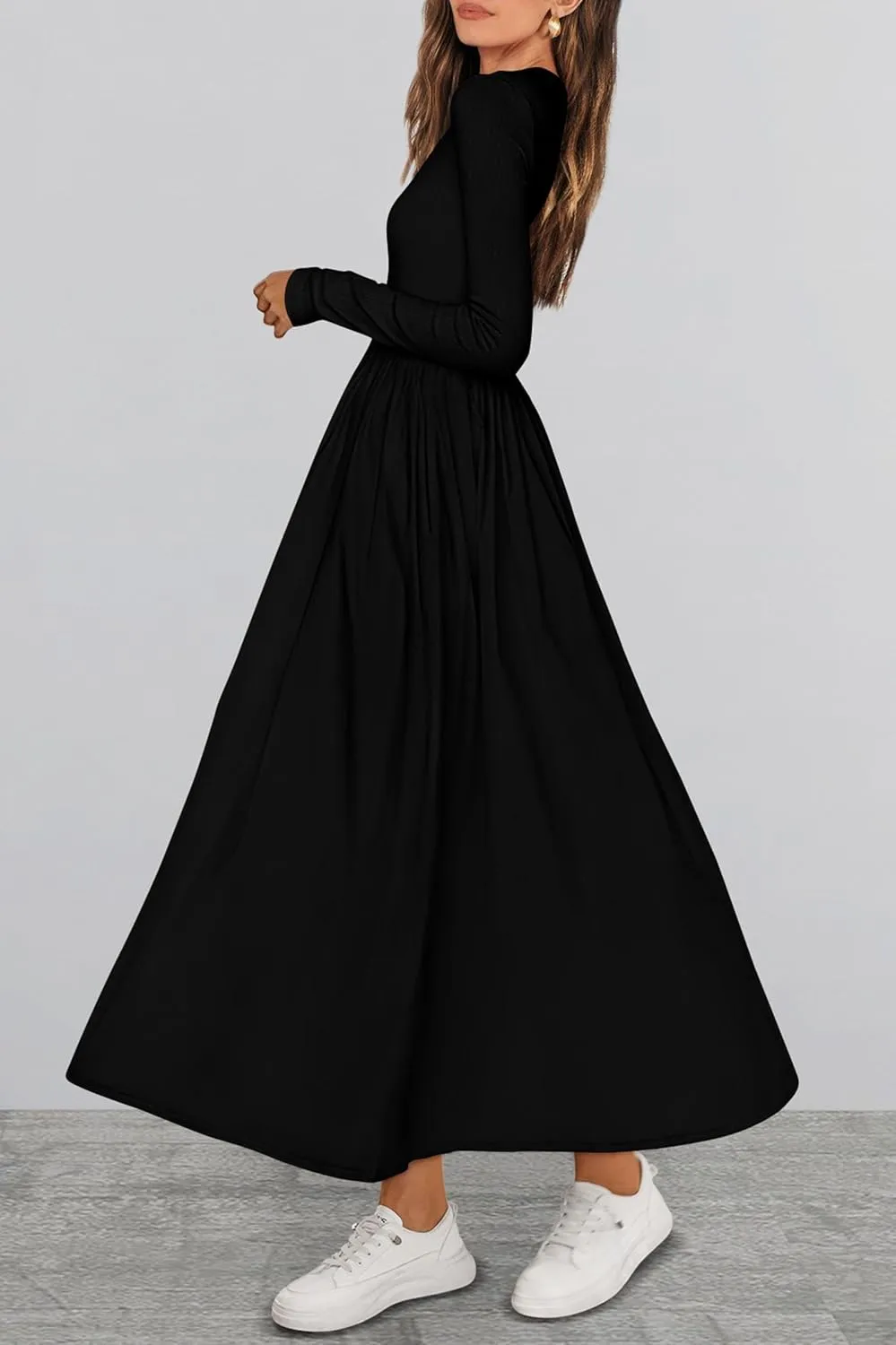 KIRUNDO Women's Casual Long Sleeve Spring Wedding Guest Dress 2025 Summer Fall Elegant Boho Flowy Midi Dresses Pockets