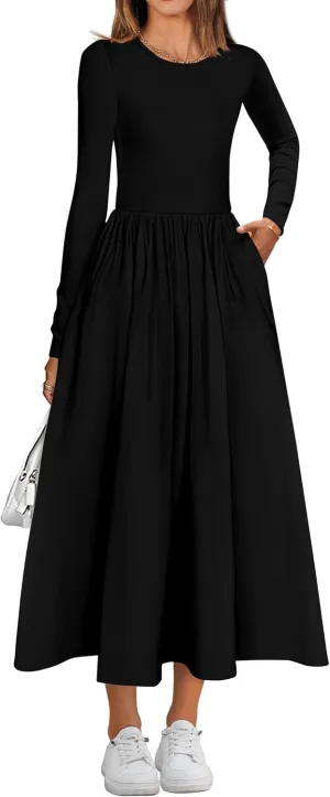 KIRUNDO Women's Casual Long Sleeve Spring Wedding Guest Dress 2025 Summer Fall Elegant Boho Flowy Midi Dresses Pockets