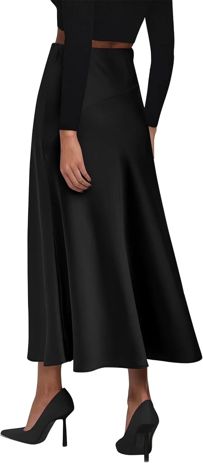KIRUNDO Women's Satin Elastic High Waisted Maxi Skirt 2025 Trendy Summer Fall Winter Silk A-Line Casual Formal Work Skirts