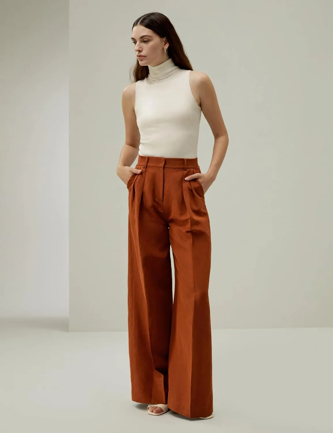 LilySilk Silk-Linen Blend Trousers for Women Silk Pants Wide Leg Front-Pleated Side Pockets Work