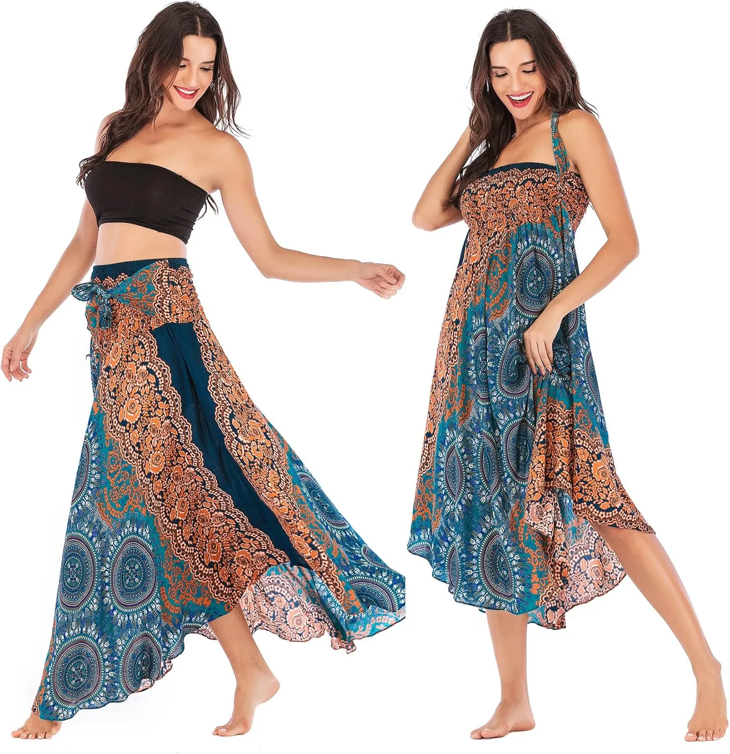 PNKJ Women Bohemian Mandala Floral Print Rayon Hippie Maxi Skirt Boho Summer Beach Dress