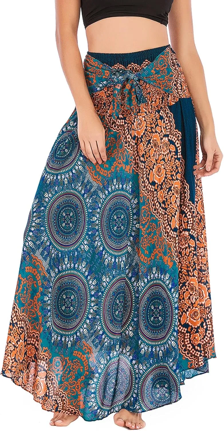 PNKJ Women Bohemian Mandala Floral Print Rayon Hippie Maxi Skirt Boho Summer Beach Dress