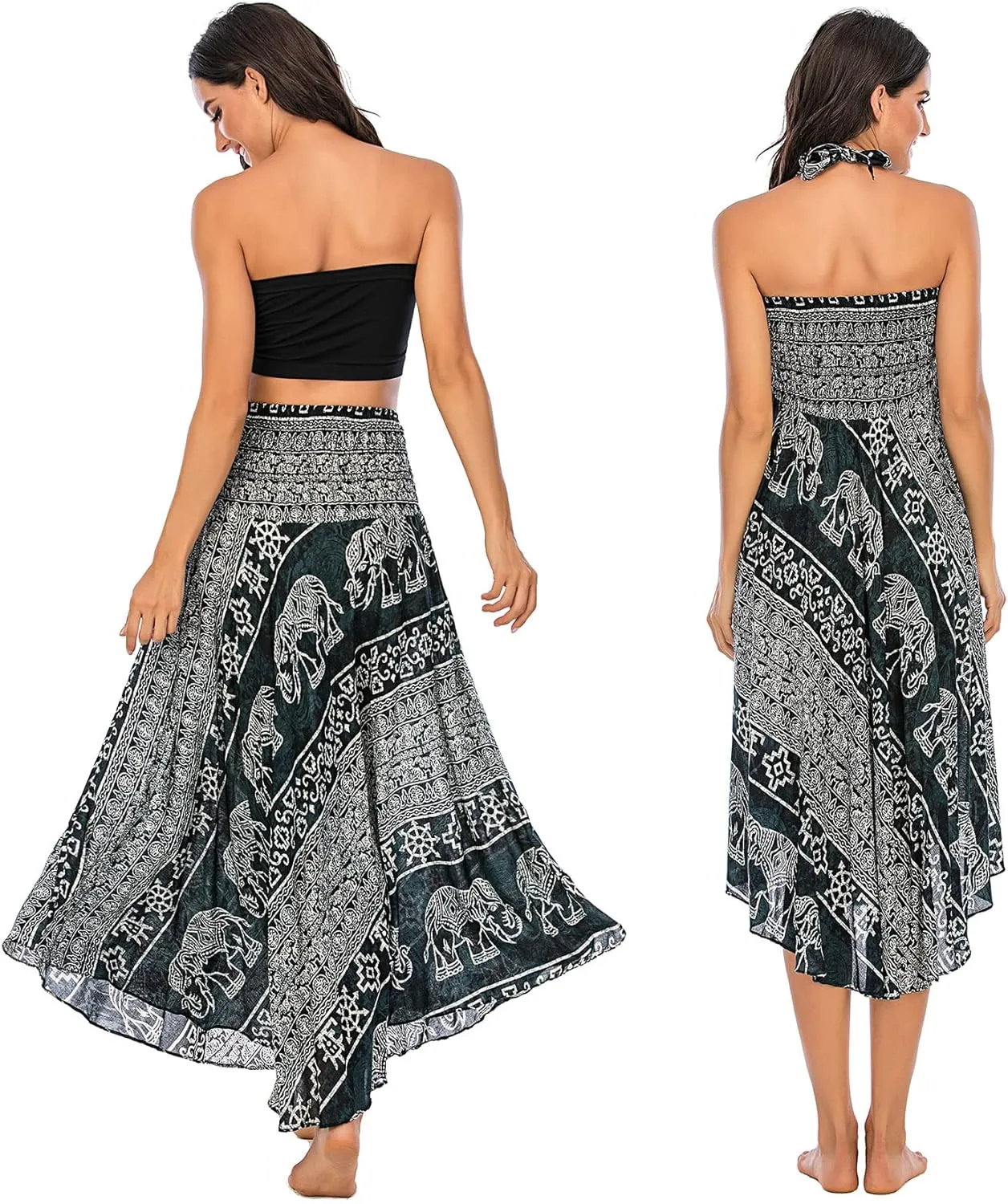 PNKJ Women Boho Elephant Print Hippie Maxi Long Skirt Bohemian Summer Casual Beach Dress