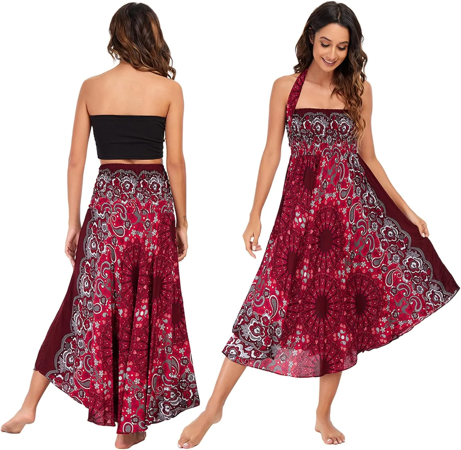 PNKJ Women Boho Elephant Print Hippie Maxi Long Skirt Bohemian Summer Casual Beach Dress