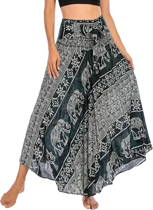 PNKJ Women Boho Elephant Print Hippie Maxi Long Skirt Bohemian Summer Casual Beach Dress