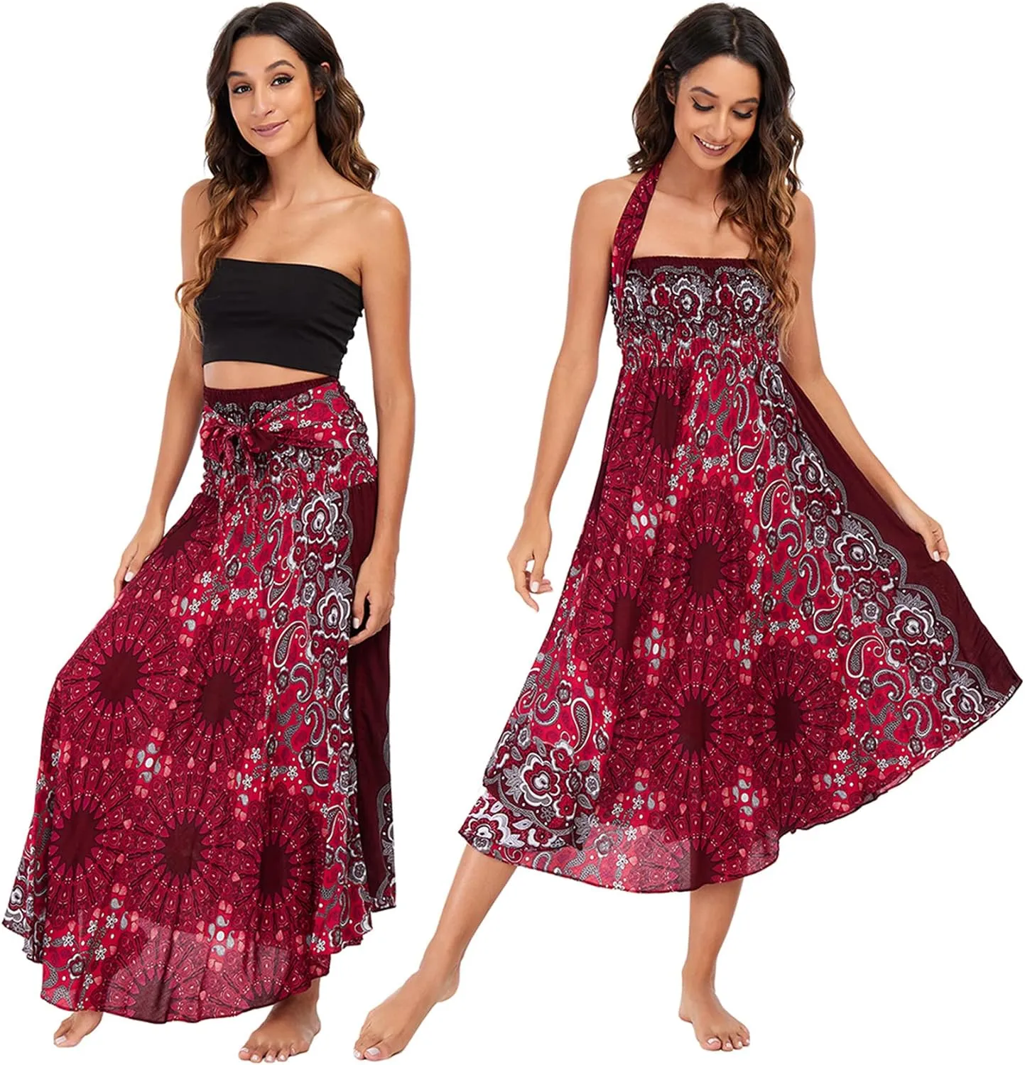 PNKJ Women Boho Elephant Print Hippie Maxi Long Skirt Bohemian Summer Casual Beach Dress