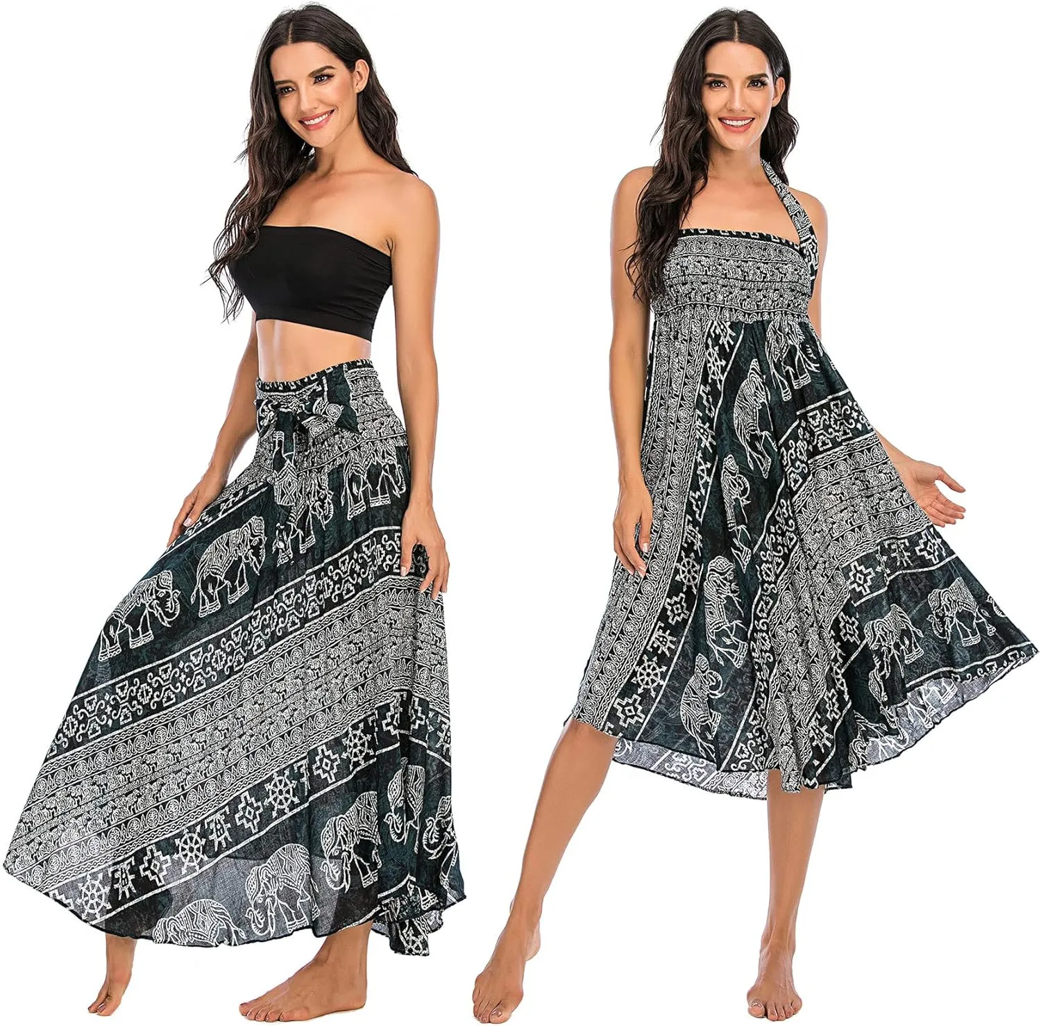 PNKJ Women Boho Elephant Print Hippie Maxi Long Skirt Bohemian Summer Casual Beach Dress