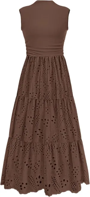 PRETTYGARDEN Summer Dresses for Women 2025 Casual Eyelet Sleeveless Wedding Guest Maxi Dress Tank Top Sundress with Pockets