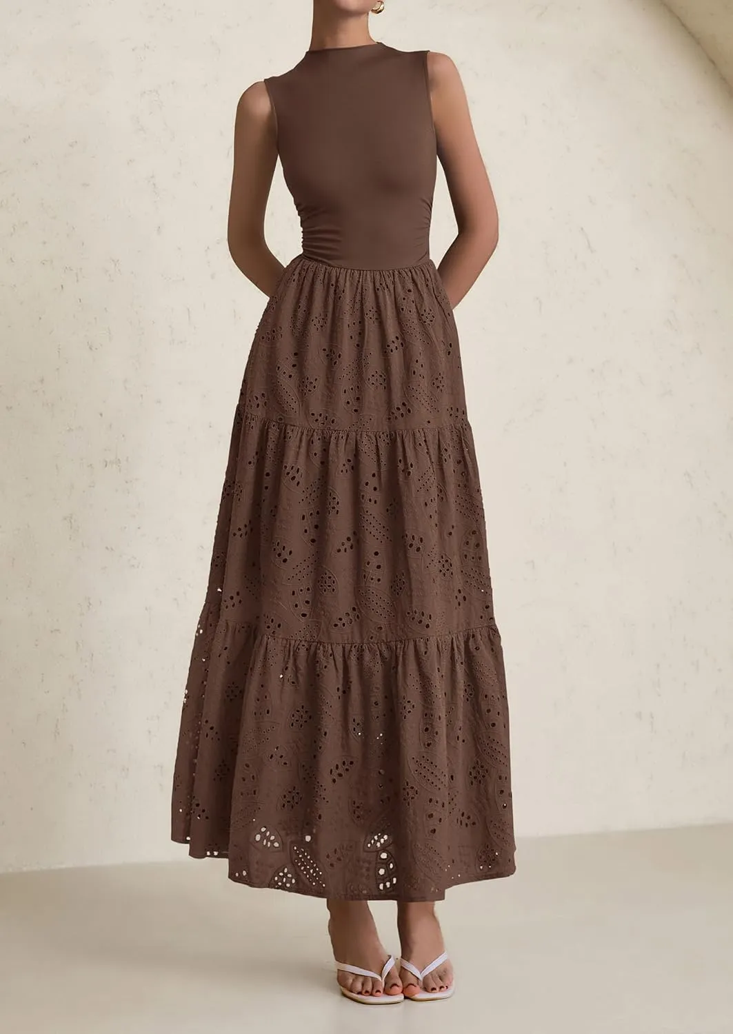 PRETTYGARDEN Summer Dresses for Women 2025 Casual Eyelet Sleeveless Wedding Guest Maxi Dress Tank Top Sundress with Pockets