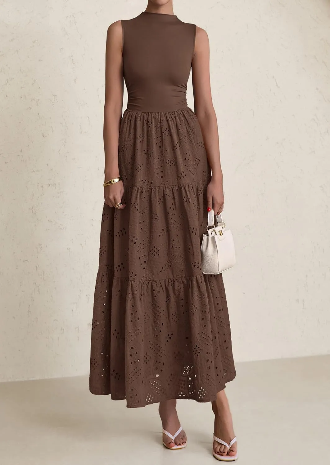 PRETTYGARDEN Summer Dresses for Women 2025 Casual Eyelet Sleeveless Wedding Guest Maxi Dress Tank Top Sundress with Pockets