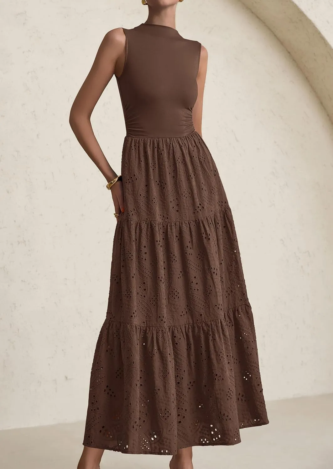 PRETTYGARDEN Summer Dresses for Women 2025 Casual Eyelet Sleeveless Wedding Guest Maxi Dress Tank Top Sundress with Pockets
