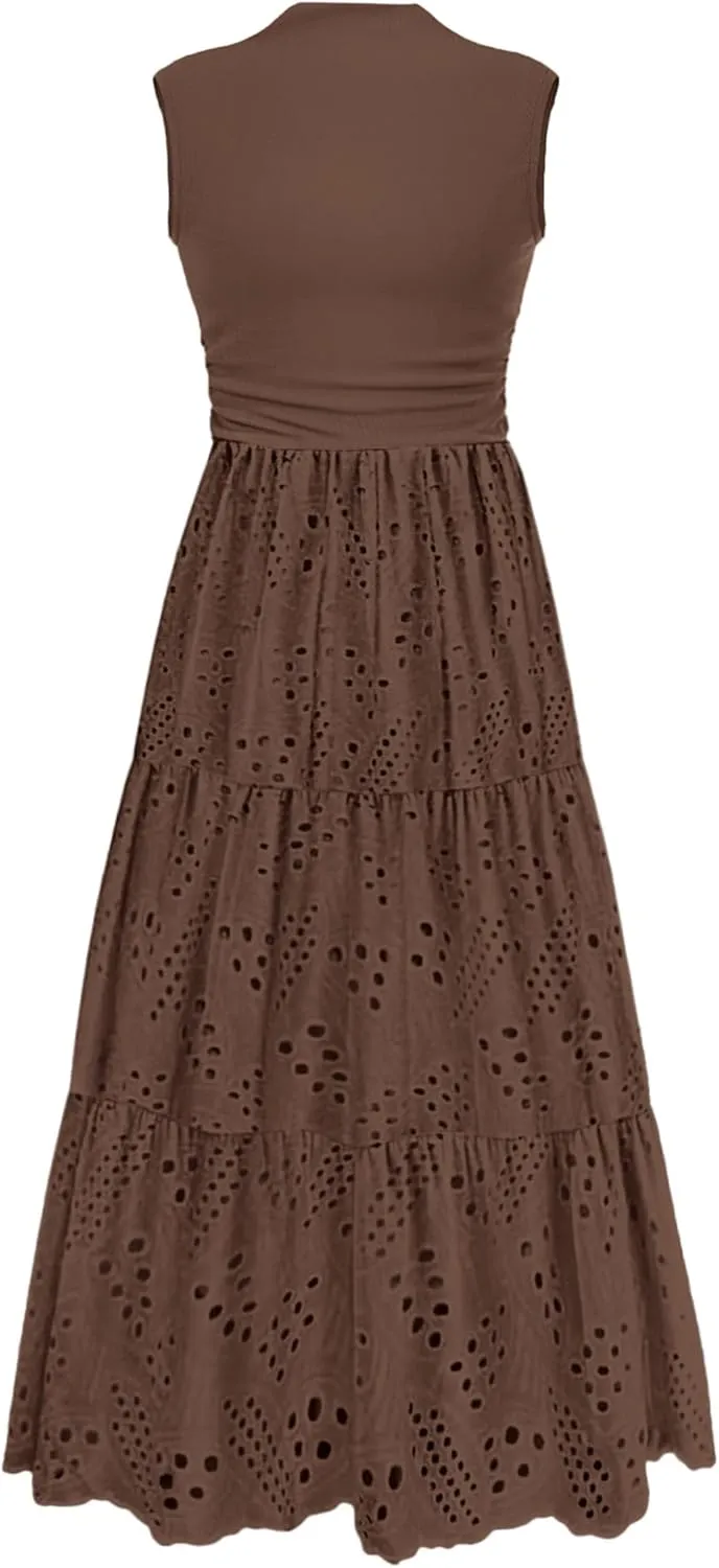 PRETTYGARDEN Summer Dresses for Women 2025 Casual Eyelet Sleeveless Wedding Guest Maxi Dress Tank Top Sundress with Pockets