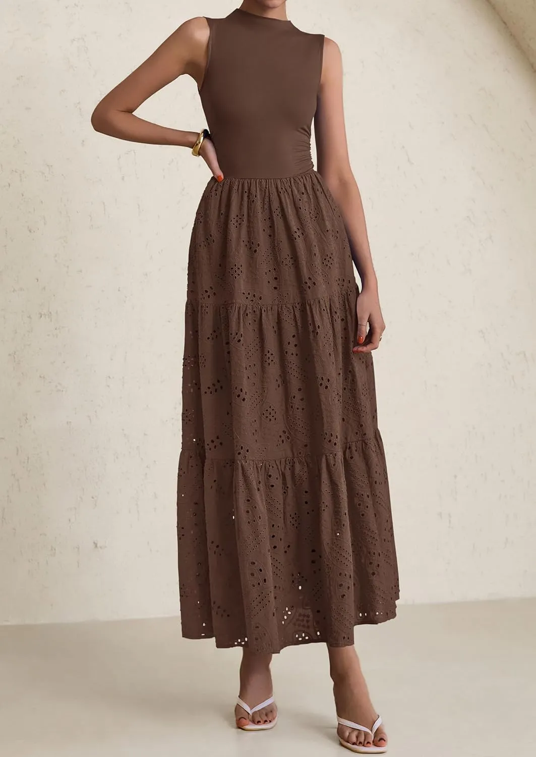 PRETTYGARDEN Summer Dresses for Women 2025 Casual Eyelet Sleeveless Wedding Guest Maxi Dress Tank Top Sundress with Pockets