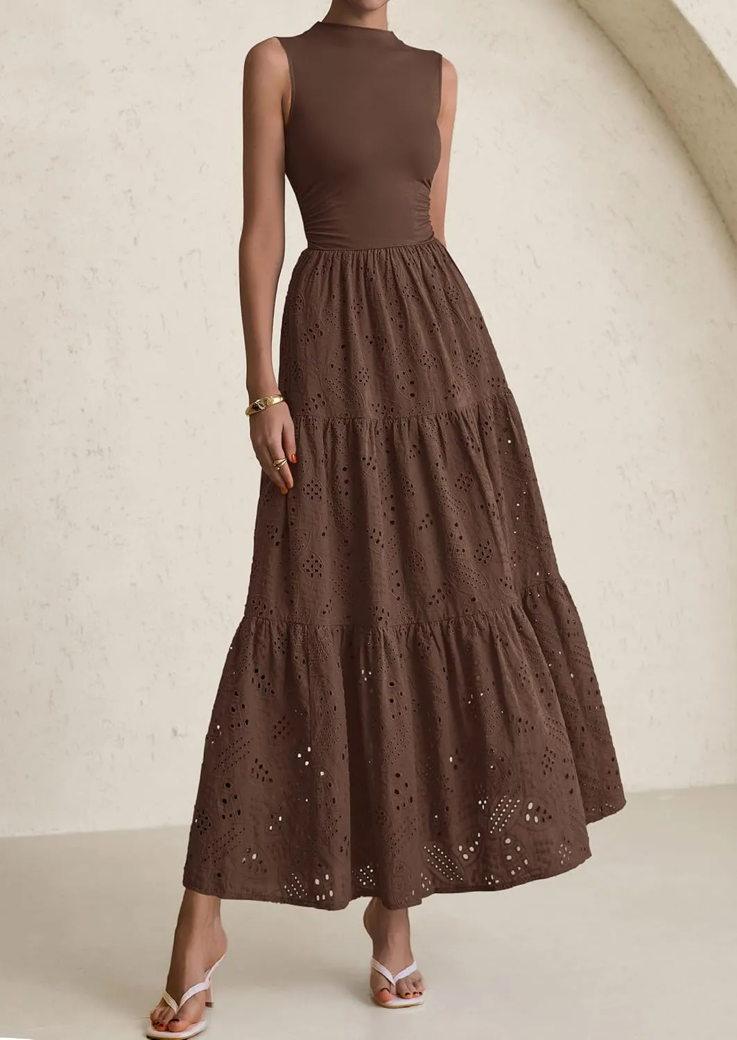 PRETTYGARDEN Summer Dresses for Women 2025 Casual Eyelet Sleeveless Wedding Guest Maxi Dress Tank Top Sundress with Pockets
