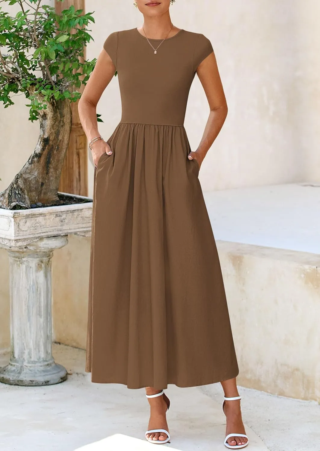 PRETTYGARDEN Women's 2025 Summer Casual Long Dresses Cap Sleeve Patchwork A Line Flowy Modest Elegant Homecoming Maxi Dress