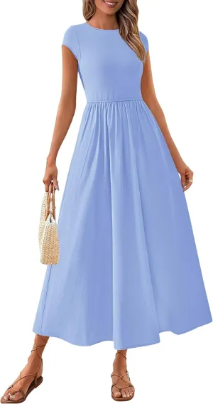 PRETTYGARDEN Women's 2025 Summer Casual Long Dresses Cap Sleeve Patchwork A Line Flowy Modest Elegant Homecoming Maxi Dress