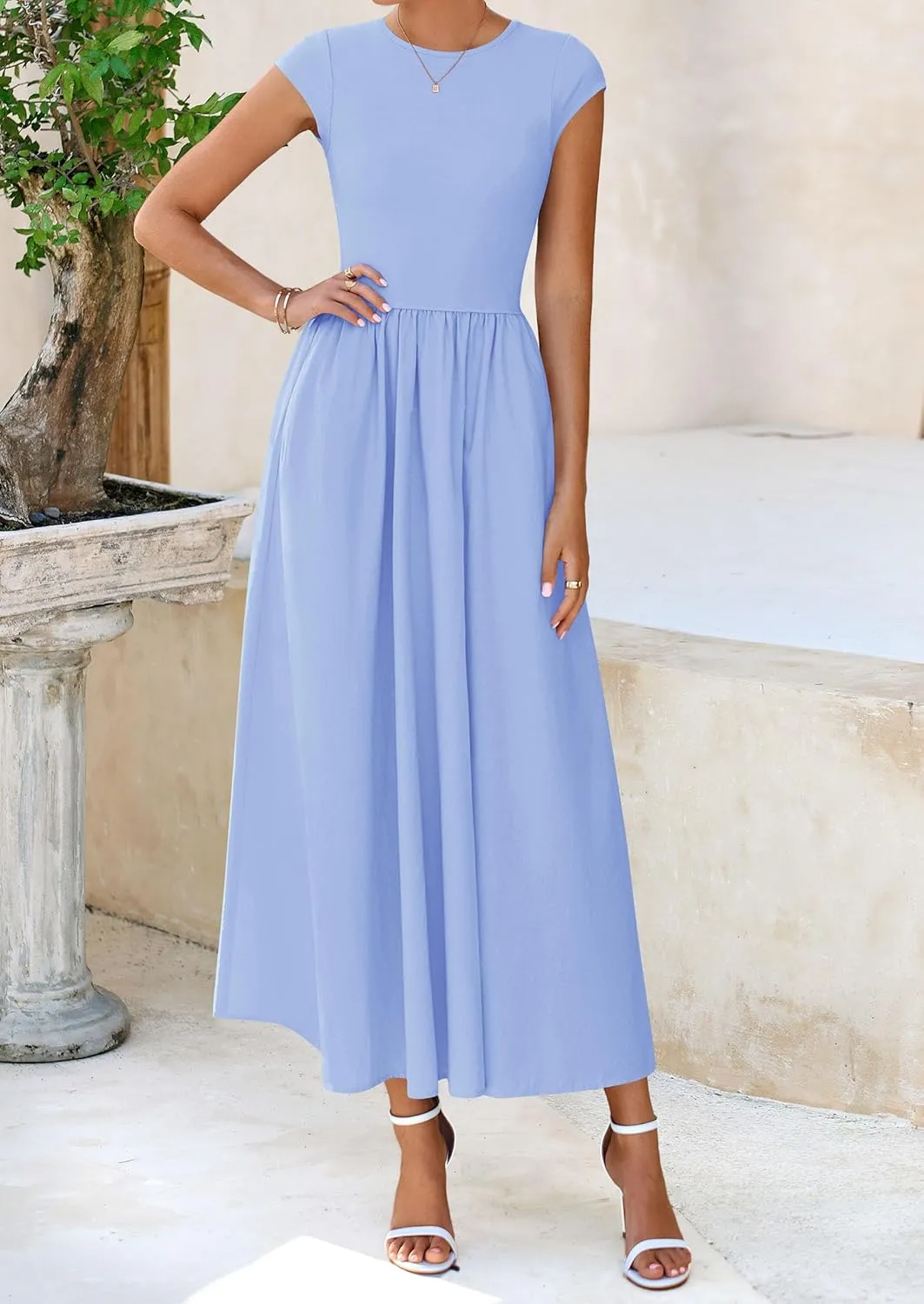PRETTYGARDEN Women's 2025 Summer Casual Long Dresses Cap Sleeve Patchwork A Line Flowy Modest Elegant Homecoming Maxi Dress