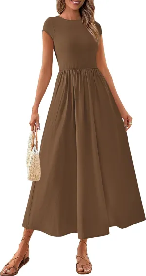 PRETTYGARDEN Women's 2025 Summer Casual Long Dresses Cap Sleeve Patchwork A Line Flowy Modest Elegant Homecoming Maxi Dress