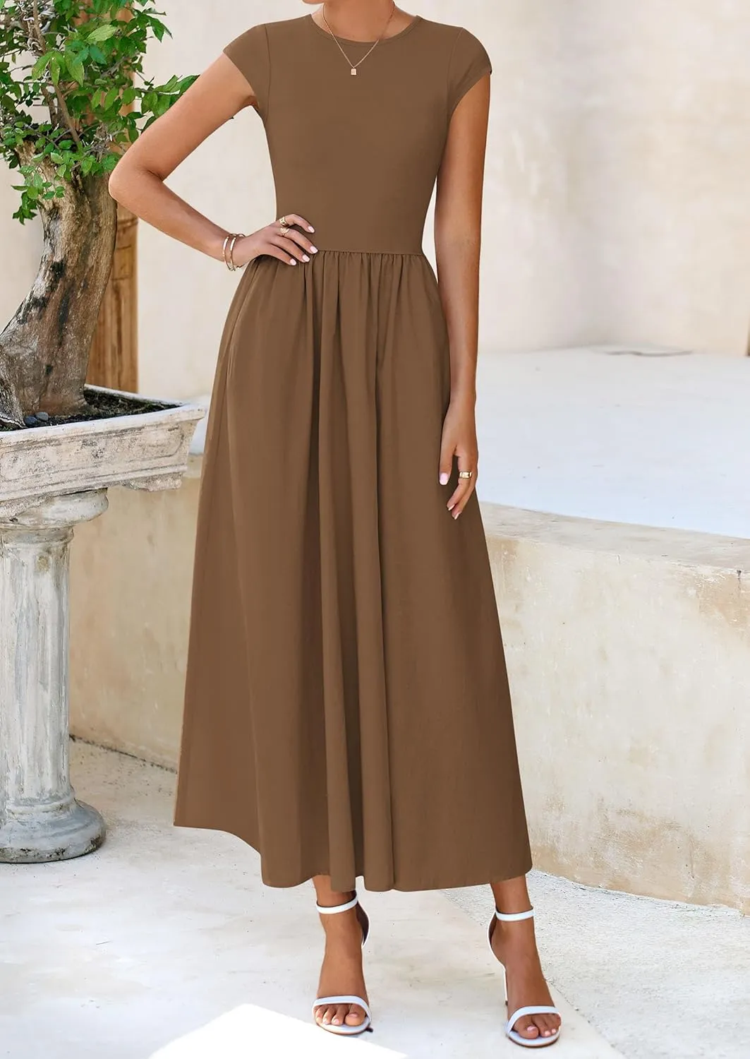 PRETTYGARDEN Women's 2025 Summer Casual Long Dresses Cap Sleeve Patchwork A Line Flowy Modest Elegant Homecoming Maxi Dress