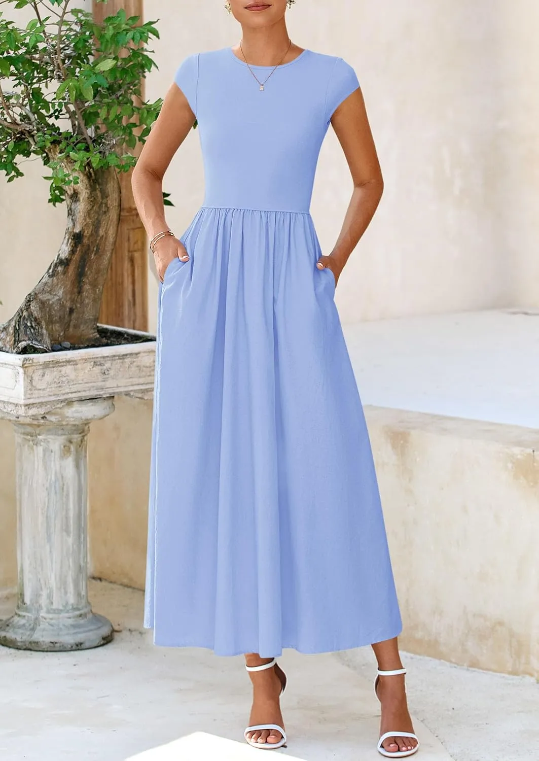 PRETTYGARDEN Women's 2025 Summer Casual Long Dresses Cap Sleeve Patchwork A Line Flowy Modest Elegant Homecoming Maxi Dress