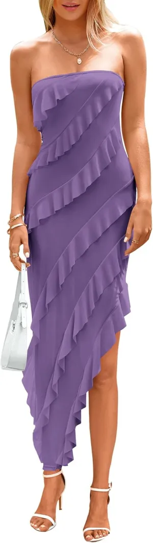 PRETTYGARDEN Womens Summer Maxi Dresses 2025 Strapless Tube Ruffle Asymmetrical Bodycon Party Cocktail Formal Long Dress